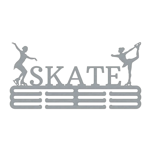 Steel medal holder with the word 'SKATE' and two female roller skaters in elegant poses. Features 12 hooks for displaying medals. Made from raw steel.